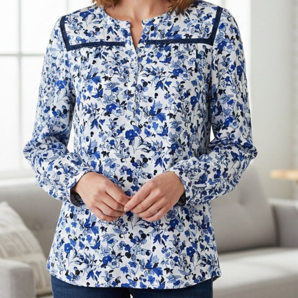 Talbots NEW floral blue puppy flower print peasant style button blouse L boho